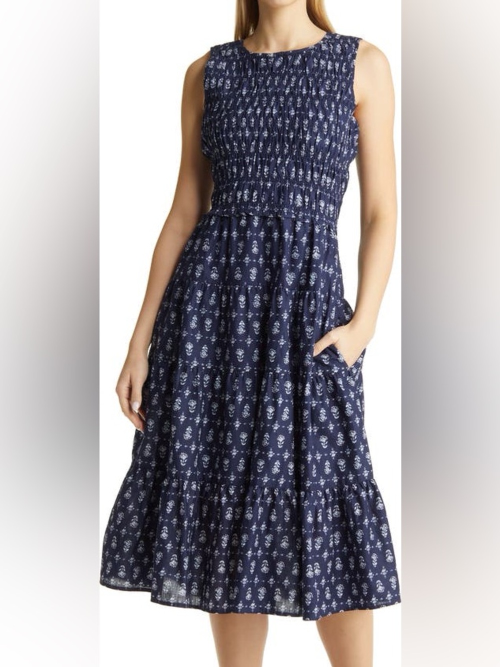 Beach lunch lounge Navy Blue Printed Tiered Sundress size M